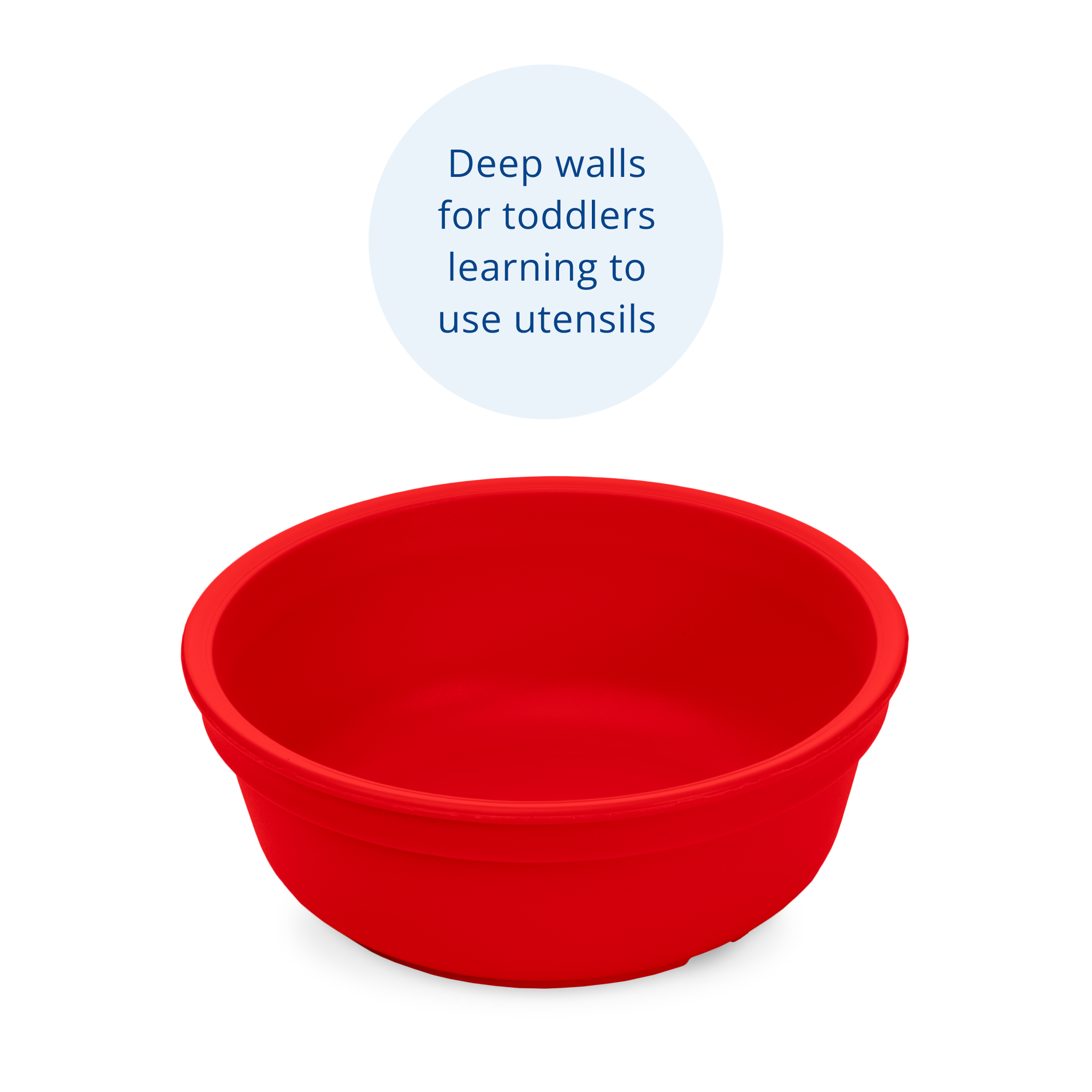 Red bowl with text 'Deep walls for toddlers learning to use utensils' on a white background